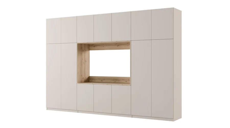 Minimalistyczna meblościanka z strefą RTV 350×240 cm Kaszmirowy Beż - HORIZON
