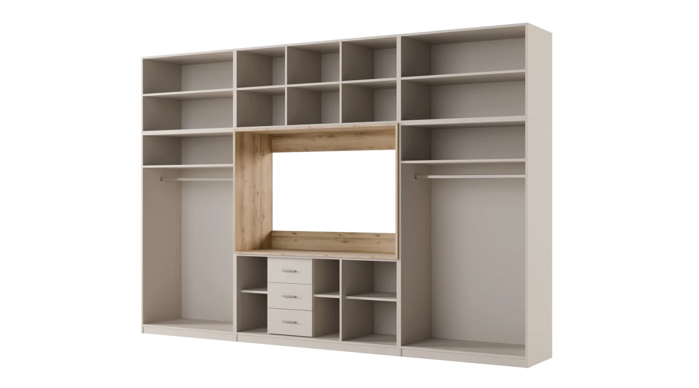 Minimalistyczna meblościanka z strefą RTV 350×240 cm Kaszmirowy Beż - HORIZON