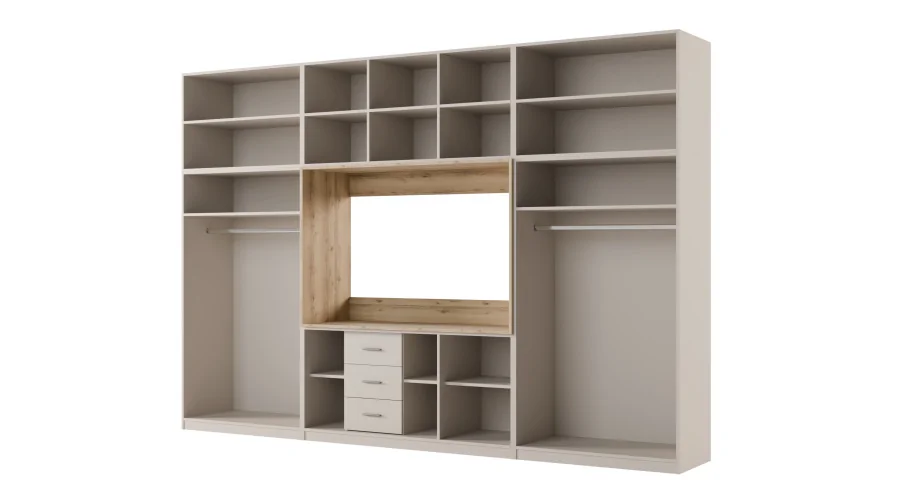 Minimalistyczna meblościanka z strefą RTV 350×240 cm Kaszmirowy Beż - HORIZON