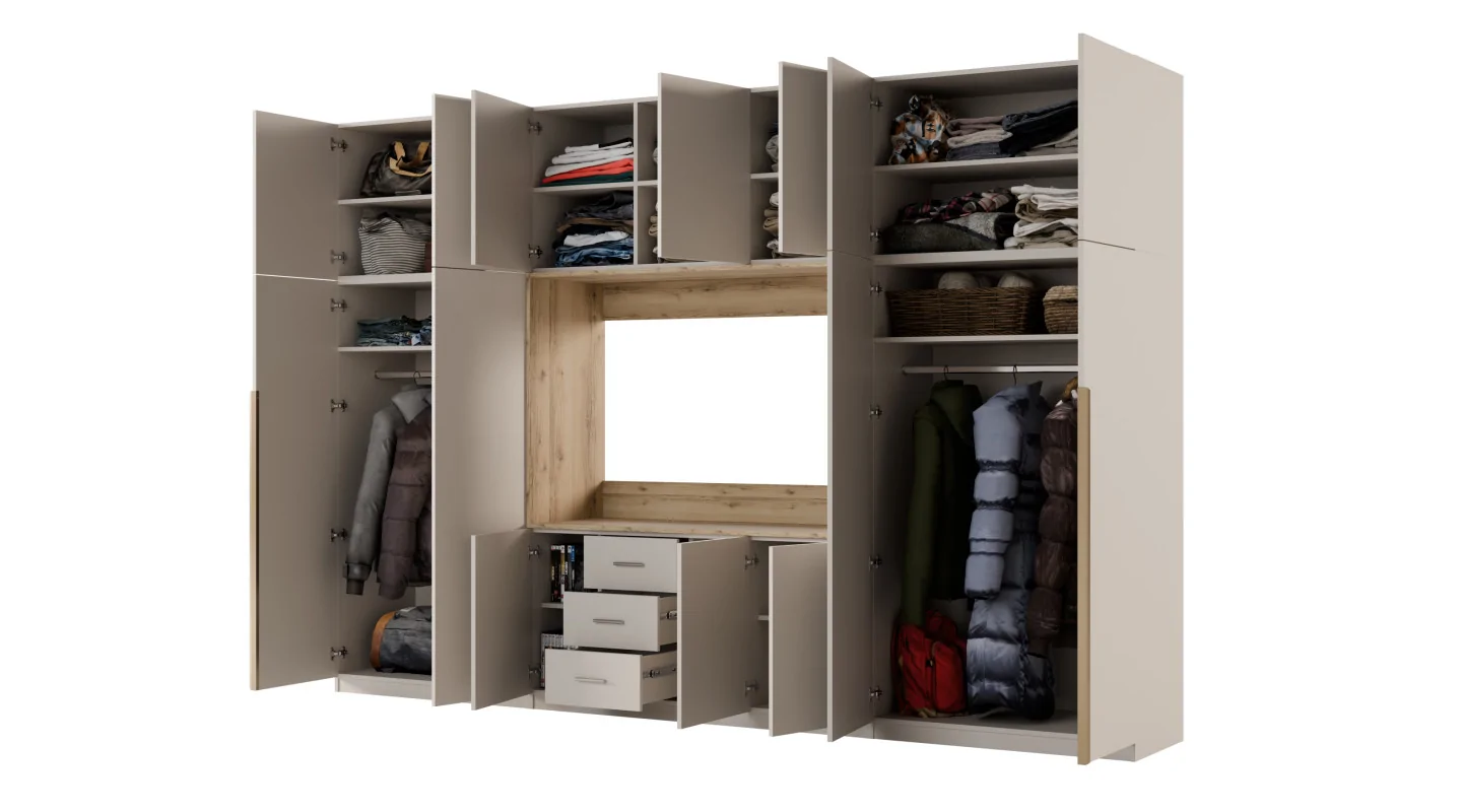 Minimalistyczna meblościanka z strefą RTV 350×240 cm Kaszmirowy Beż - HORIZON