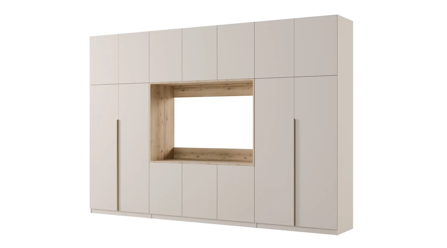 Minimalistyczna meblościanka z strefą RTV 350×240 cm Kaszmirowy Beż - HORIZON