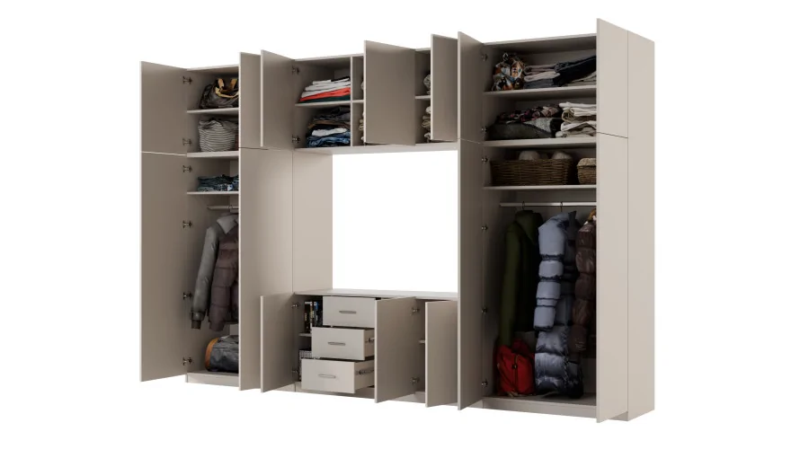 Minimalistyczna meblościanka z strefą RTV 350×240 cm Kaszmirowy Beż - HORIZON