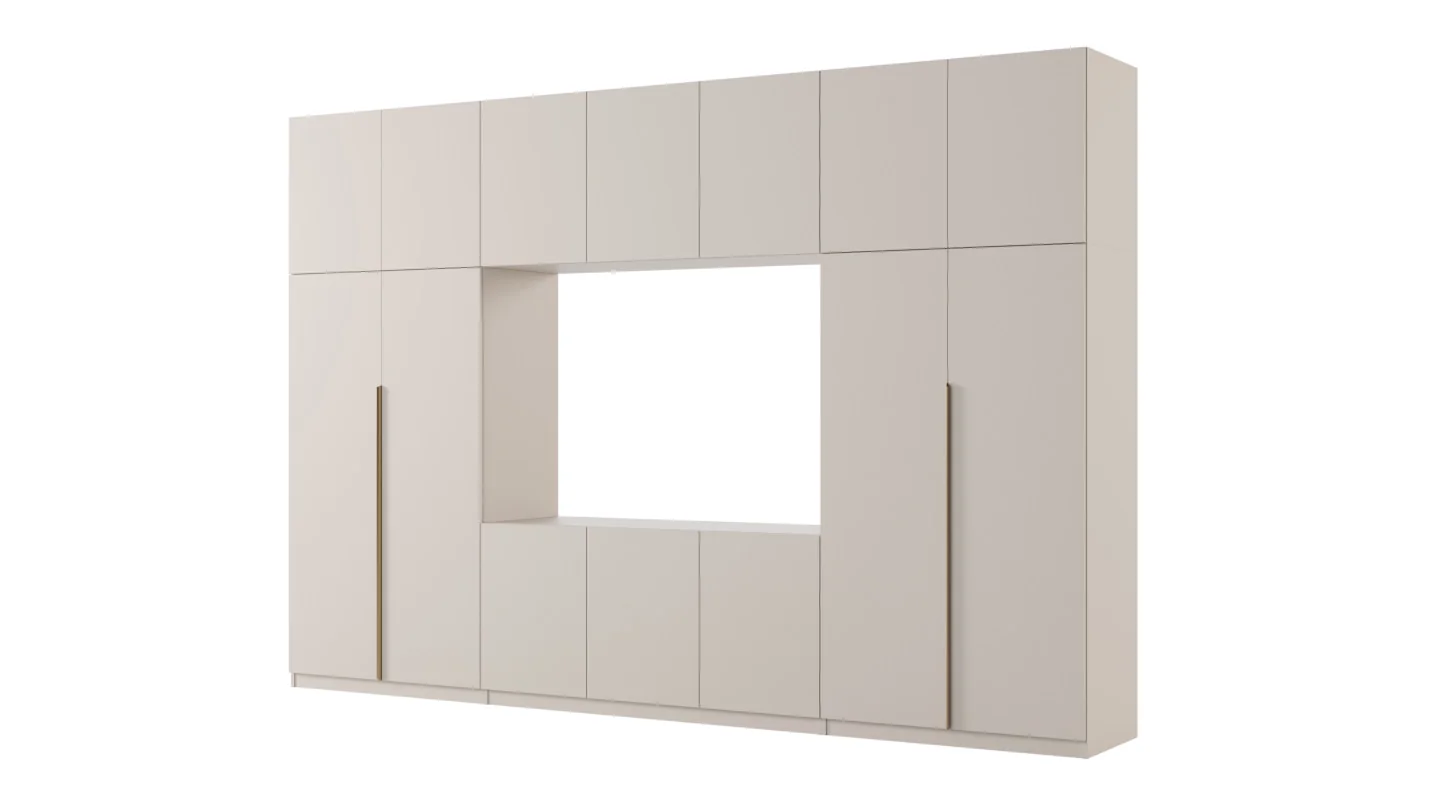 Minimalistyczna meblościanka z strefą RTV 350×240 cm Kaszmirowy Beż - HORIZON