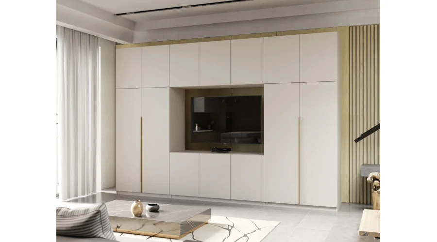 Minimalistyczna meblościanka z strefą RTV 350×240 cm Kaszmirowy Beż - HORIZON