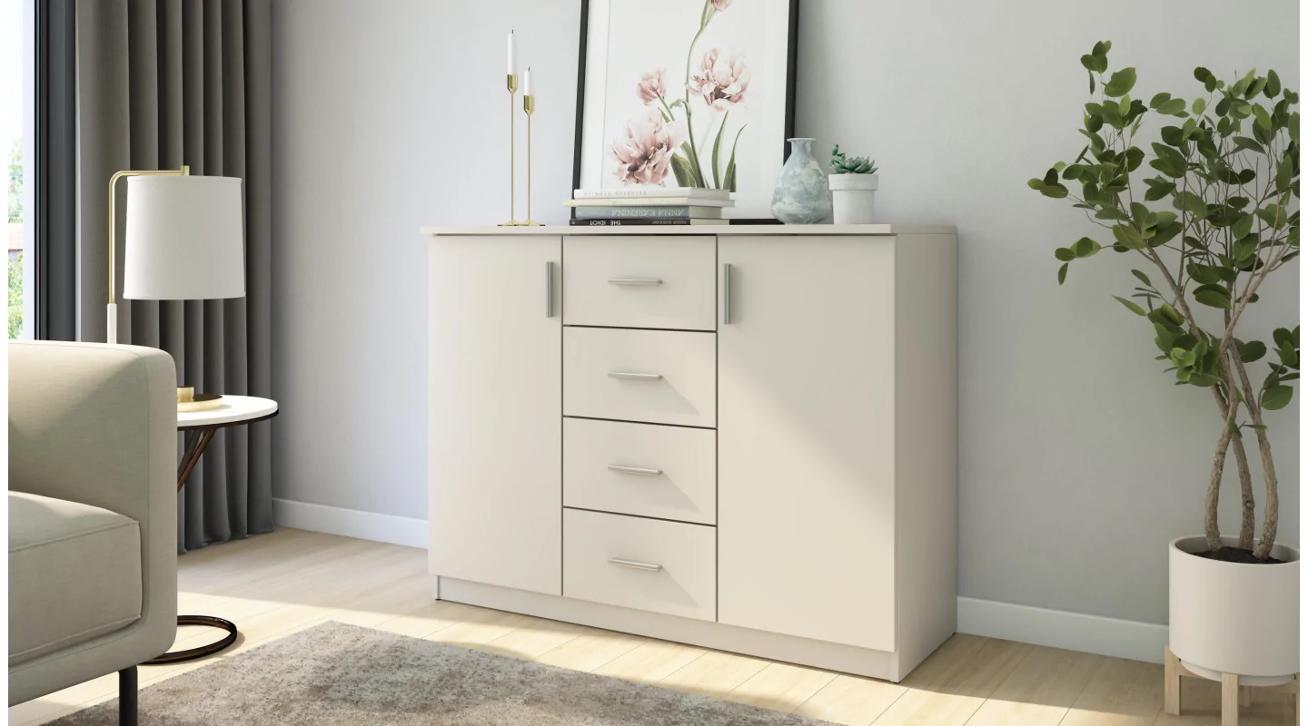 Mała komoda z szufladami i szafkami 120 cm Kolor Sonoma Jasna – Kinga Mała komoda z szufladami i szafkami 120 cm Kolor Sonoma Jasna – Kinga