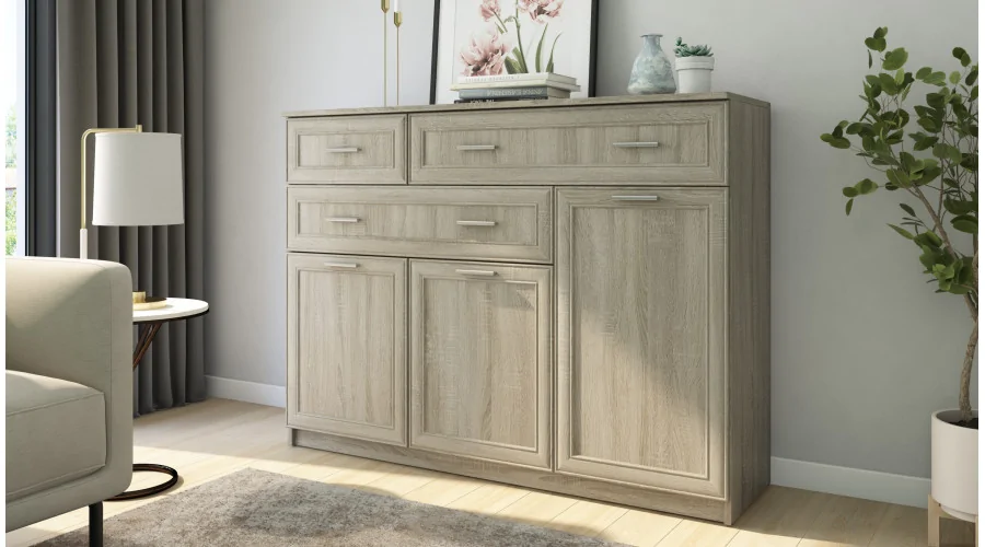 Duża komoda do salonu z szafkami i dużą liczbą szuflad 150 cm Sonoma Jasna – Grande Duża komoda do salonu z szafkami i dużą liczbą szuflad 150 cm Sonoma Jasna – Grande