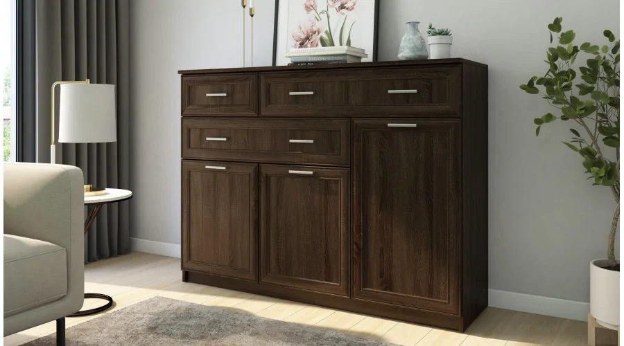 Duża komoda do salonu z szafkami i dużą liczbą szuflad 150 cm Sonoma Ciemna – Grande Duża komoda do salonu z szafkami i dużą liczbą szuflad 150 cm Sonoma Ciemna – Grande