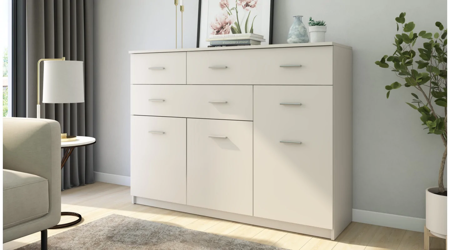 Duża komoda do salonu z szafkami i dużą liczbą szuflad 150 cm Sonoma Ciemna – Grande Duża komoda do salonu z szafkami i dużą liczbą szuflad 150 cm Sonoma Ciemna – Grande