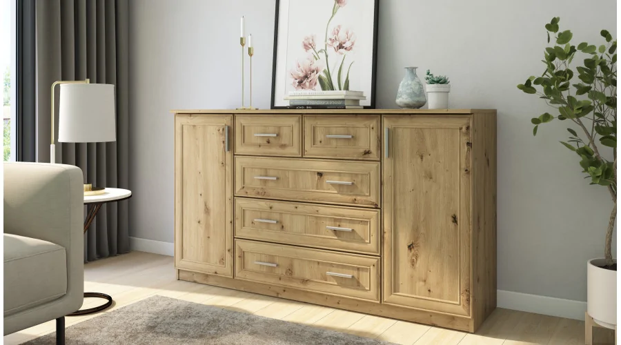 Pojemna komoda z szafkami oraz małymi i dużymi szufladami 160 cm Sonoma Ciemna – Linea