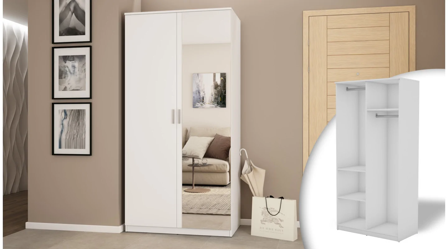 Szafa 100 cm biała lustro 2 drążki – Maro | eMeblast