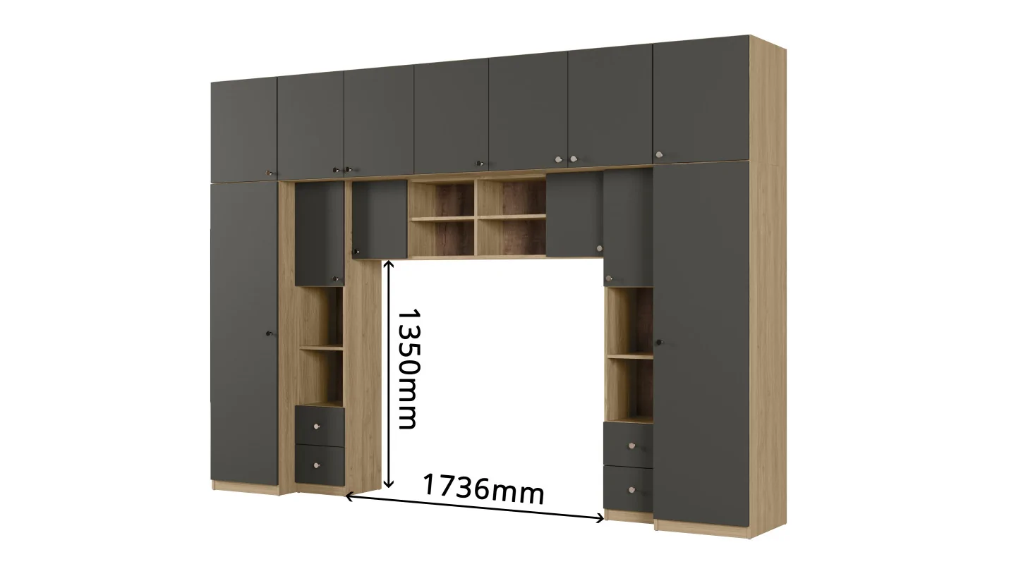 Zabudowa sypialni 394x225 cm lustro dąb Carpenter Whisky szary grafit – Sena | eMeblast
