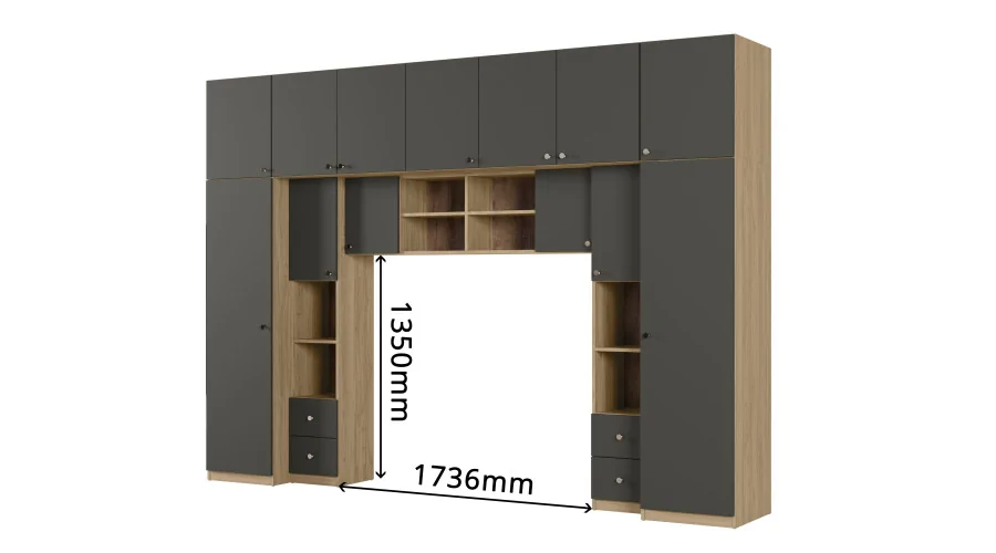 Zabudowa sypialni 394x225 cm lustro dąb Carpenter Whisky szary grafit – Sena | eMeblast