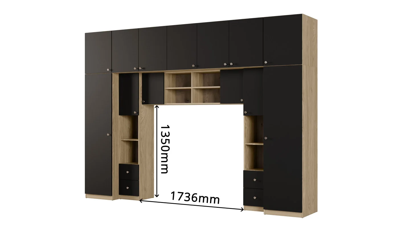 Zabudowa sypialni 394x225 cm 2 lustra dąb olejowany czarny onyx – Sena | eMeblast