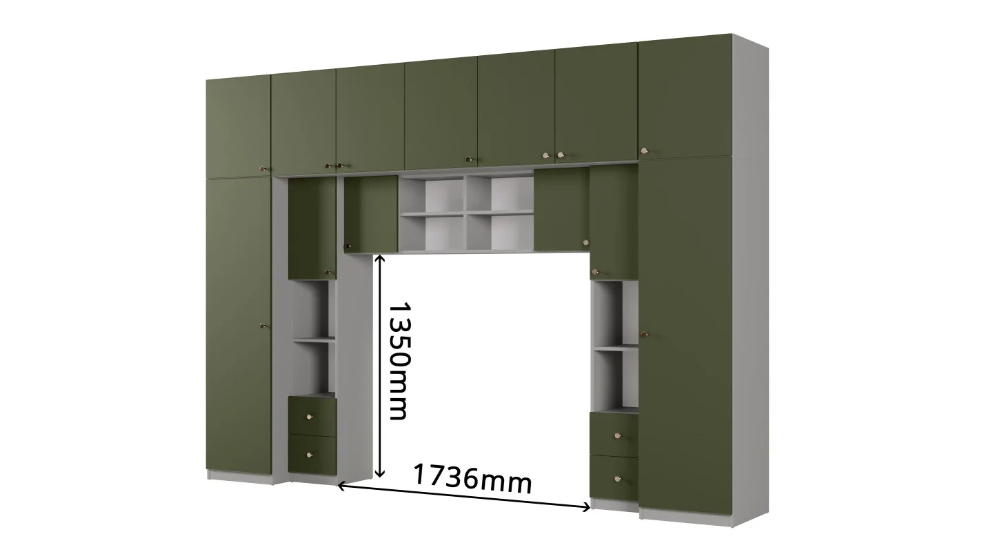 Zabudowa sypialni 394x225 cm lustro szary pallad zielony oliwkowy – Sena | eMeblast