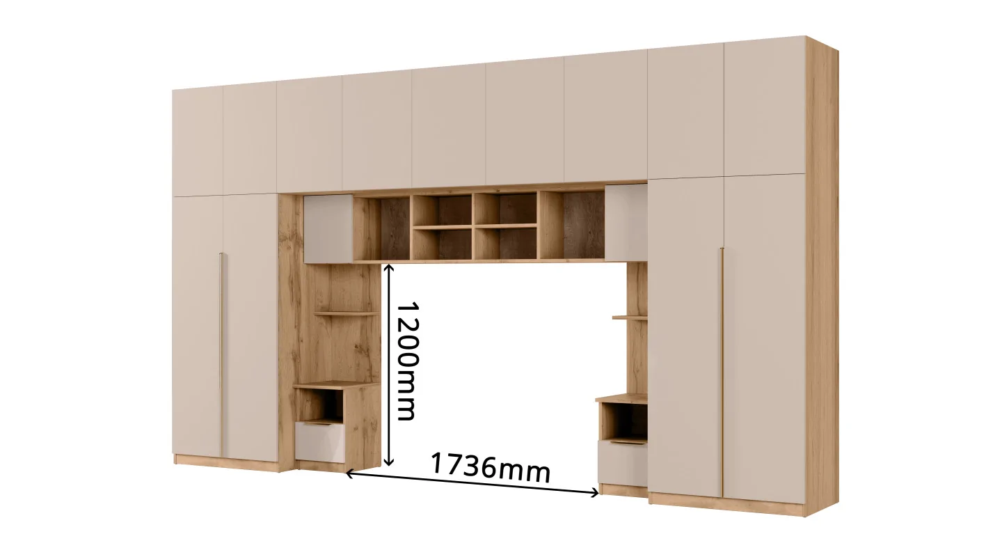 Zabudowa do sypialni 394x225 cm z szafą Tip-On dąb Wotan – piasek pustyni – Jula