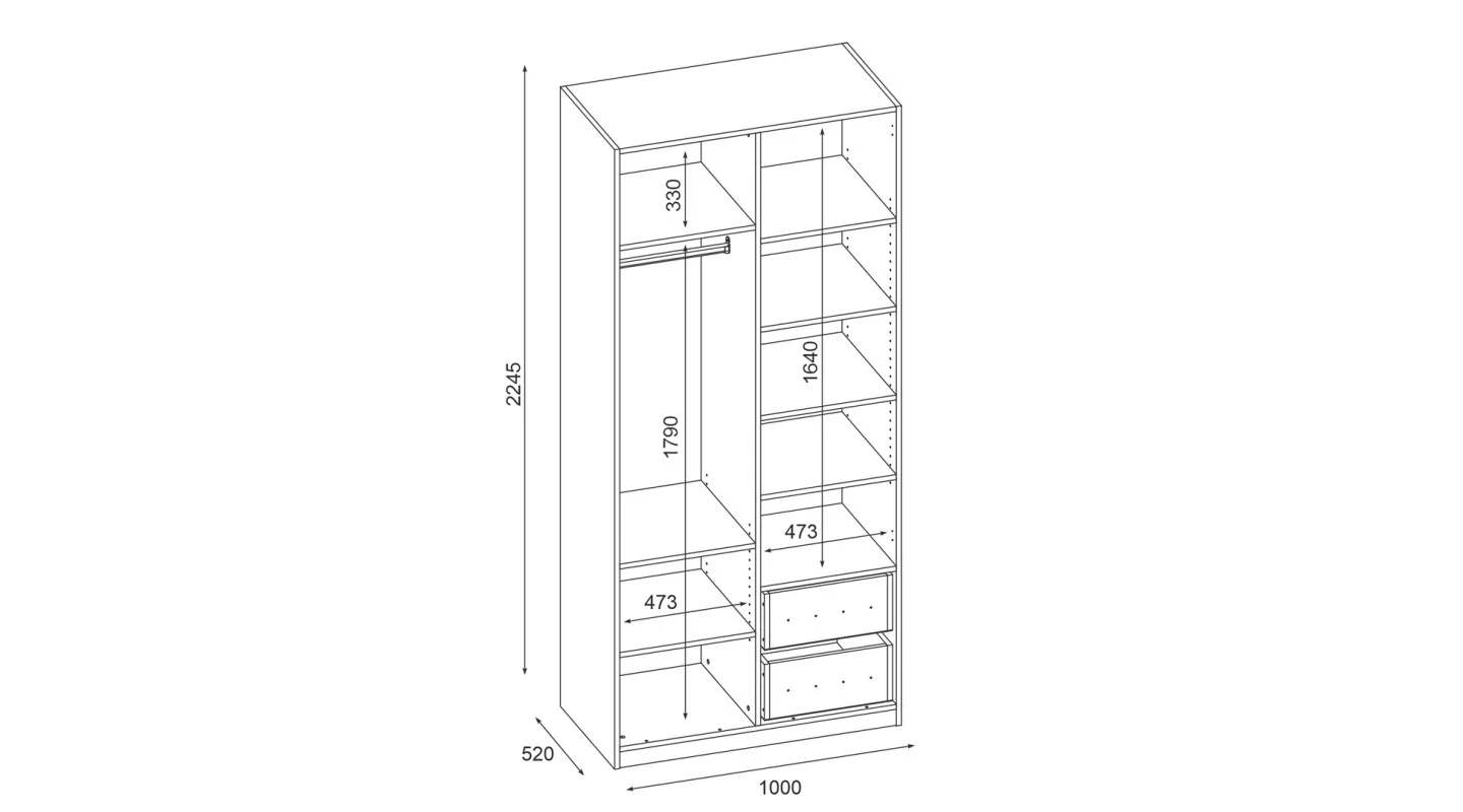 Szafa modułowa 100x225 cm z lustrem, drążkiem ubraniowym, szufladami i półkami - System MAX Premium