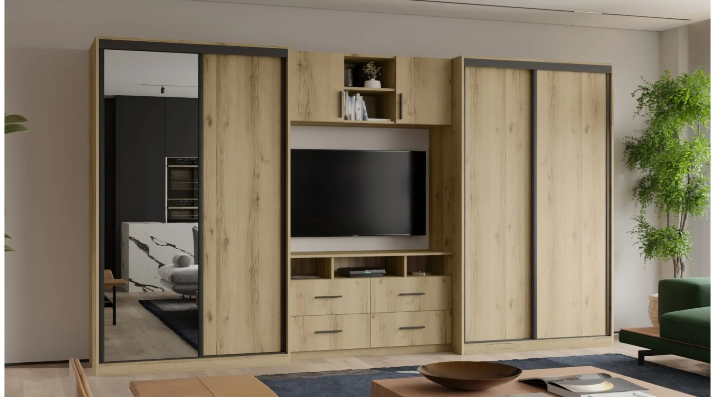 Meblościanka 390x220 cm z szafami przesuwnymi i lustrem Dąb Grand Naturalny - Axis