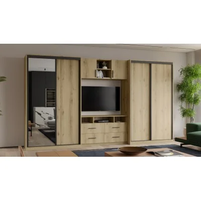 Meblościanka 390x220 cm z szafami przesuwnymi i lustrem Dąb Grand Naturalny - Axis