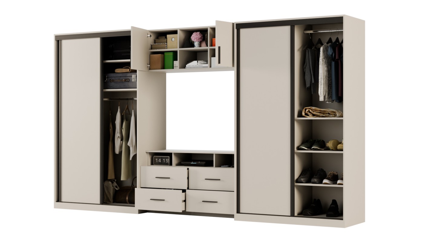 Meblościanka 390x220 cm z szafami przesuwnymi Kaszmirowy Beż - Axis