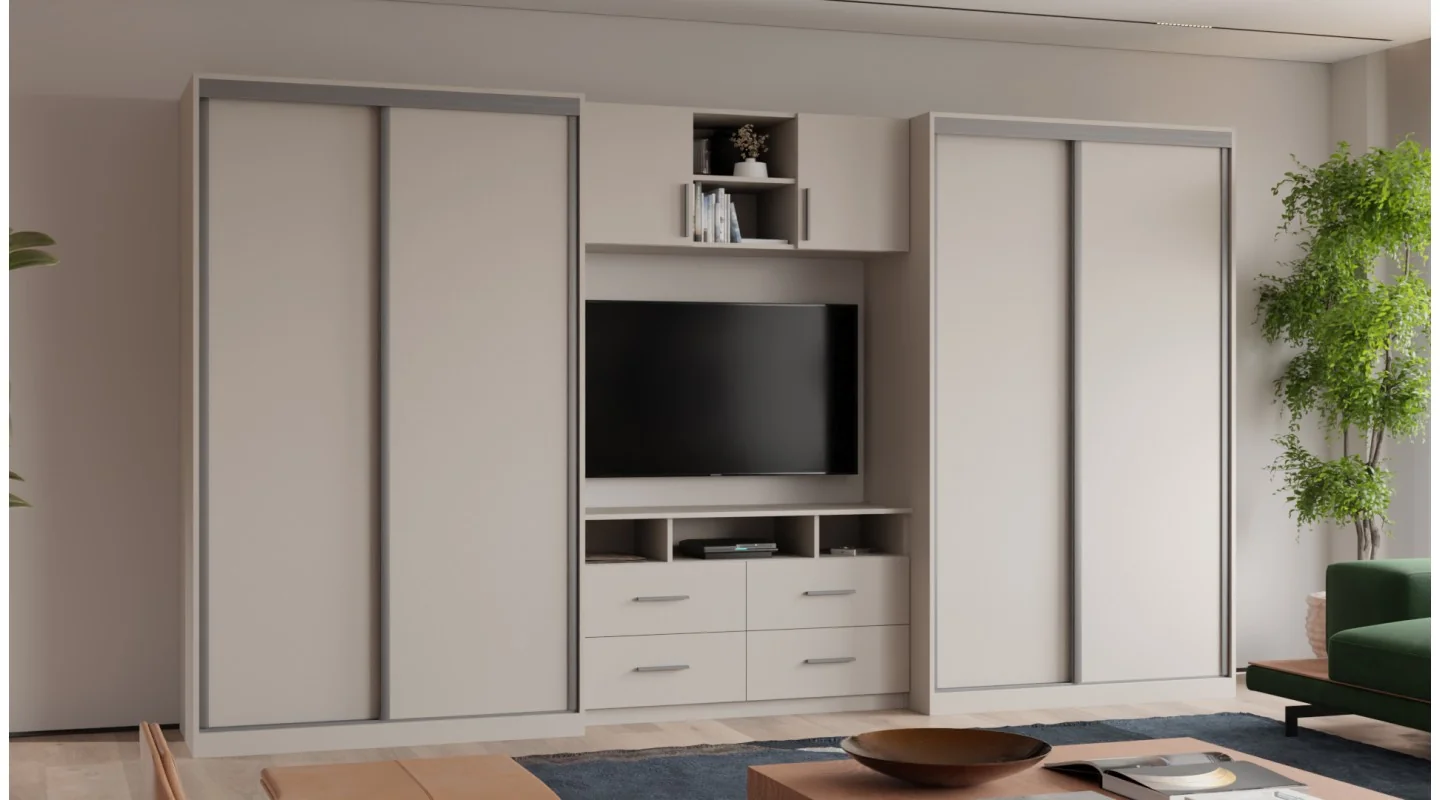 Meblościanka 390x220 cm z szafami przesuwnymi Kaszmirowy Beż - Axis