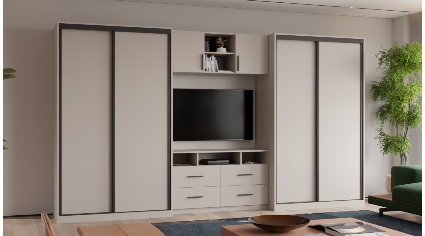 Meblościanka 390x220 cm z szafami przesuwnymi Kaszmirowy Beż - Axis