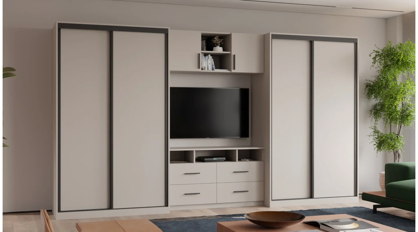 Meblościanka 390x220 cm z szafami przesuwnymi Kaszmirowy Beż - Axis