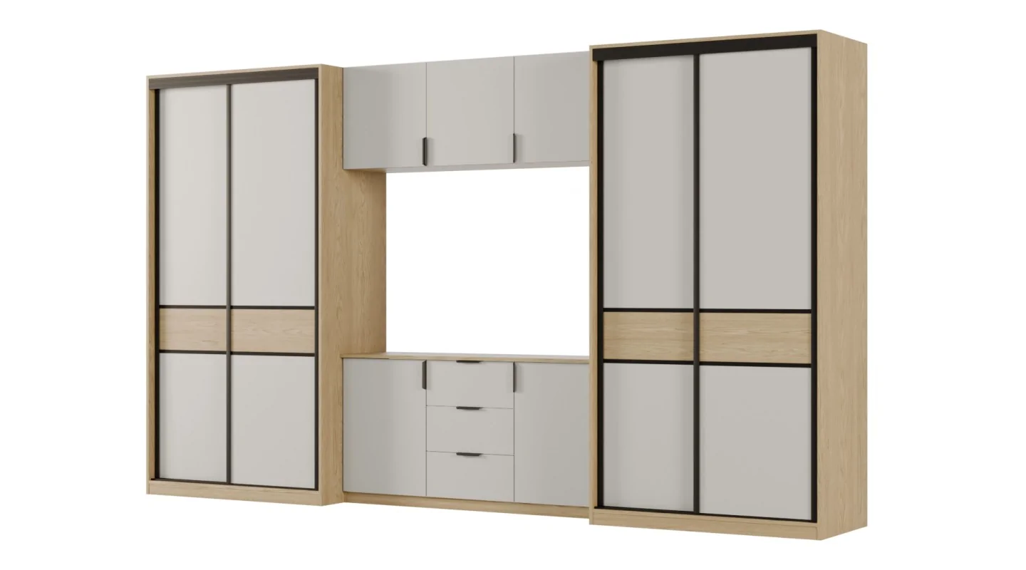 Meblościanka 400x235 cm z szafami przesuwnymi Dąb Baltic Dune / Szary New York - Motion