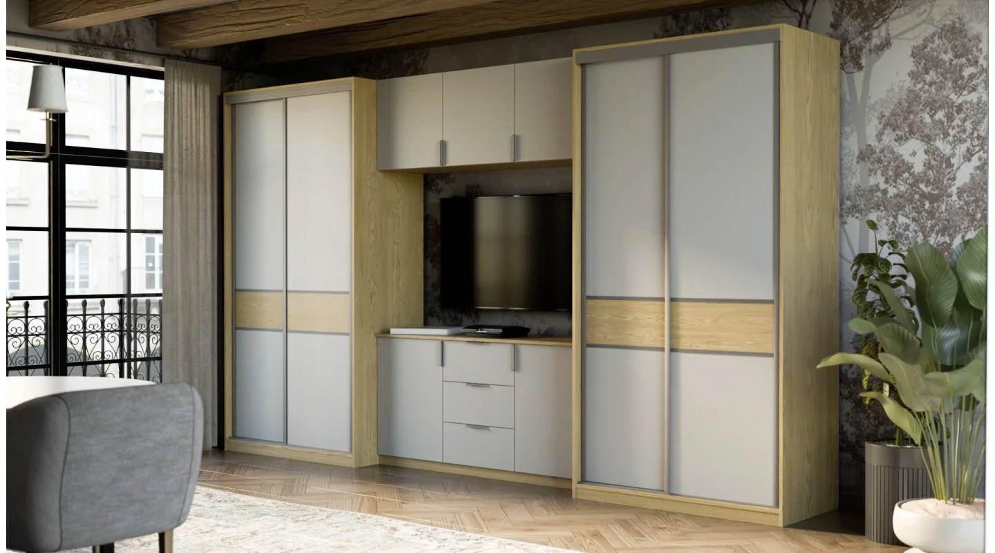 Meblościanka 400x235 cm z szafami przesuwnymi Dąb Baltic Dune / Szary New York - Motion
