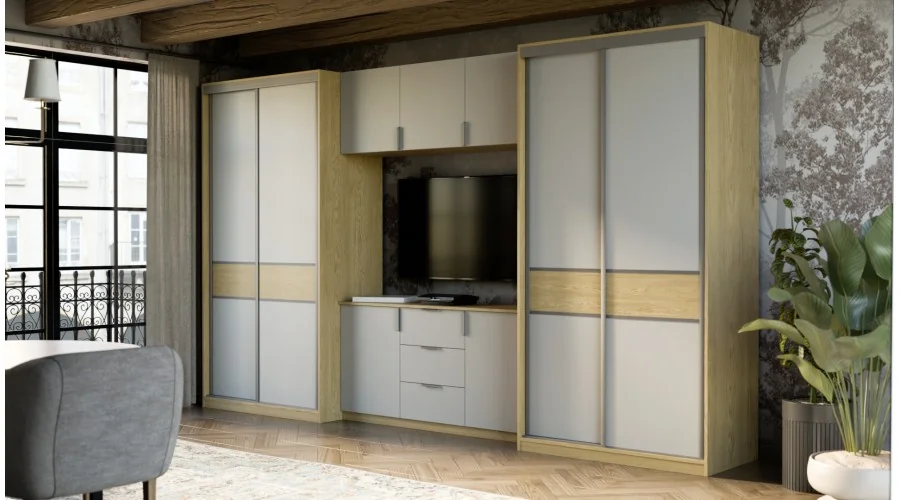 Meblościanka 400x235 cm z szafami przesuwnymi Dąb Baltic Dune / Szary New York - Motion
