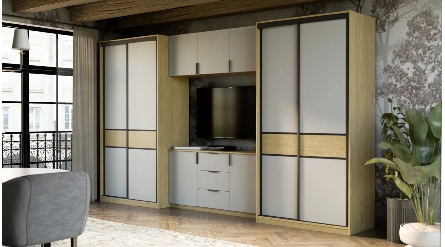 Meblościanka 400x235 cm z szafami przesuwnymi Dąb Baltic Dune / Szary New York - Motion