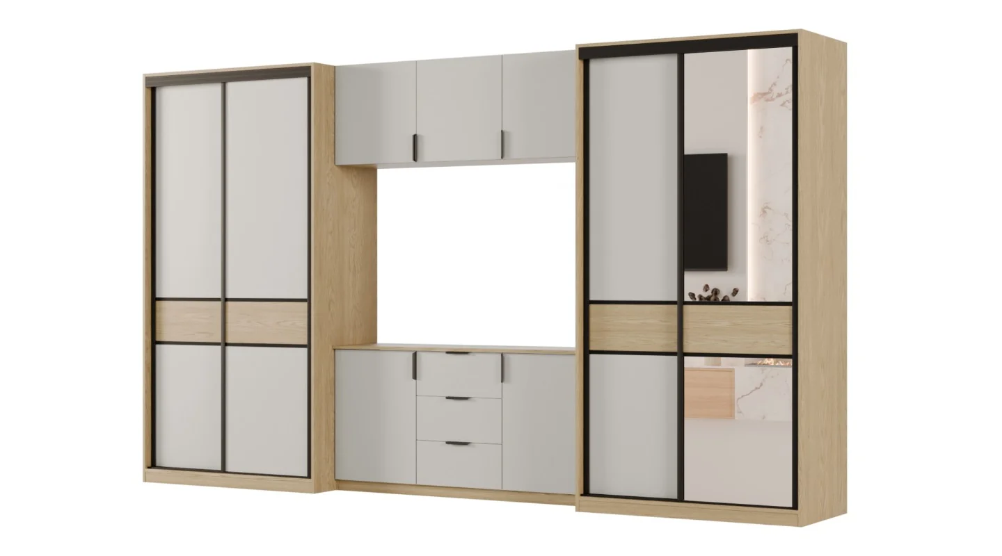 Meblościanka 400x235 cm z szafami przesuwnymi i lustrem Dąb Baltic Dune / Szary New York - Motion