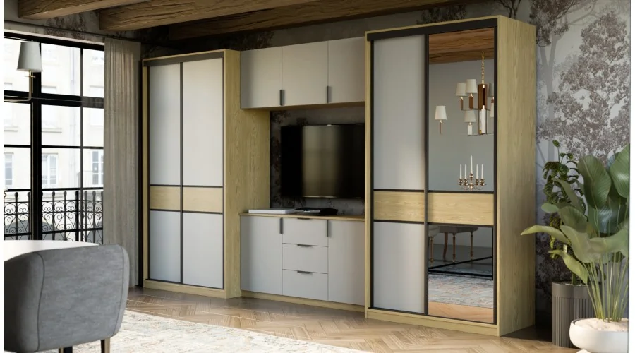 Meblościanka 400x235 cm z szafami przesuwnymi i lustrem Dąb Baltic Dune / Szary New York - Motion