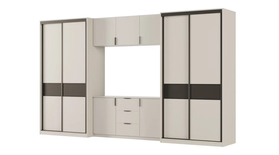 Meblościanka 400x235 cm z szafami przesuwnymi Kaszmirowy Beż / Czarny Onyx - Motion