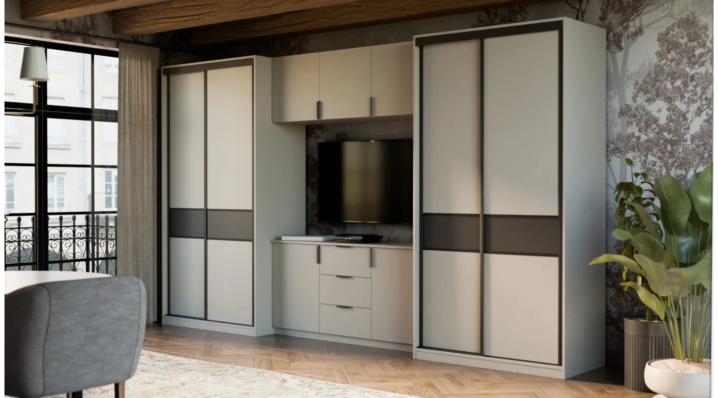 Meblościanka 400x235 cm z szafami przesuwnymi Kaszmirowy Beż / Czarny Onyx - Motion