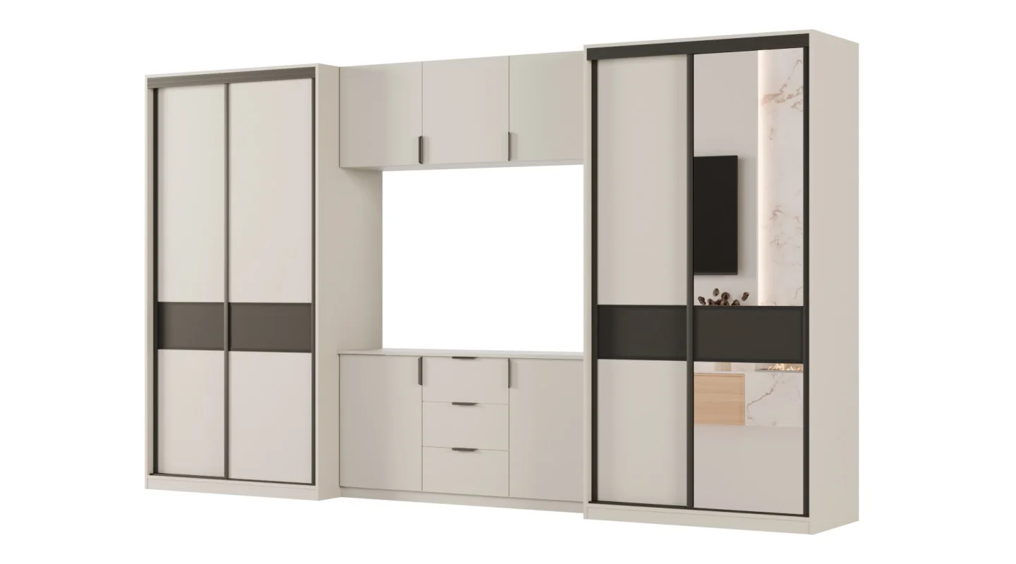 Meblościanka 400x235 cm z szafami przesuwnymi i lustrem Kaszmirowy Beż / Czarny Onyx - Motion