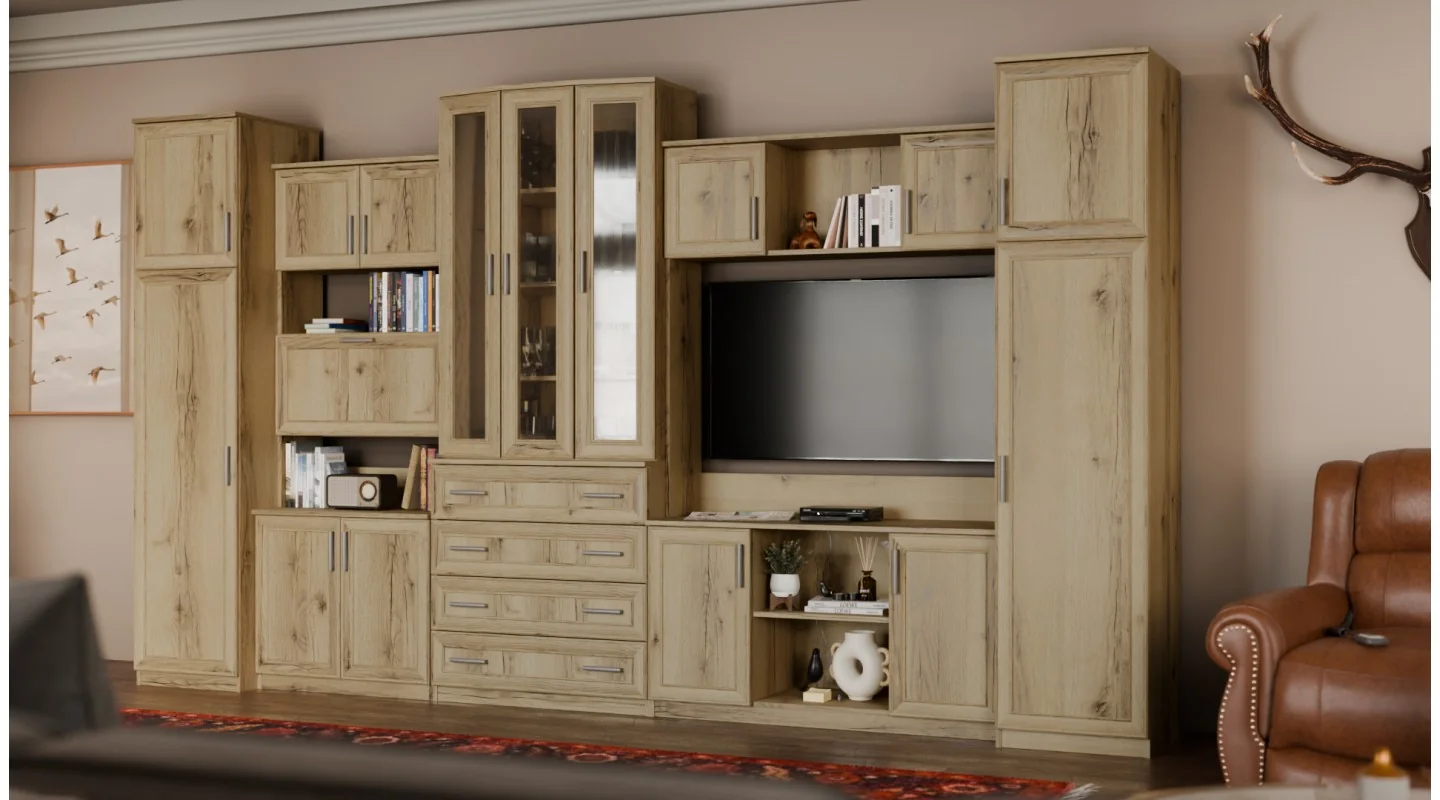 Meblościanka TV 400x225 cm z witryną Dąb Grand Naturalny - Cambridge