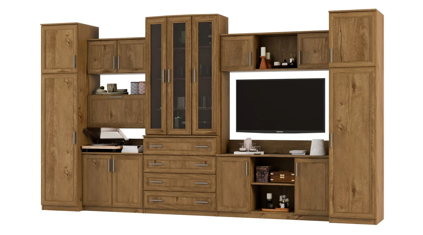 Meblościanka TV 400x225 cm z witryną Dąb Lefkas - Cambridge Meblościanka TV 400x225 cm z witryną Dąb Lefkas - Cambridge