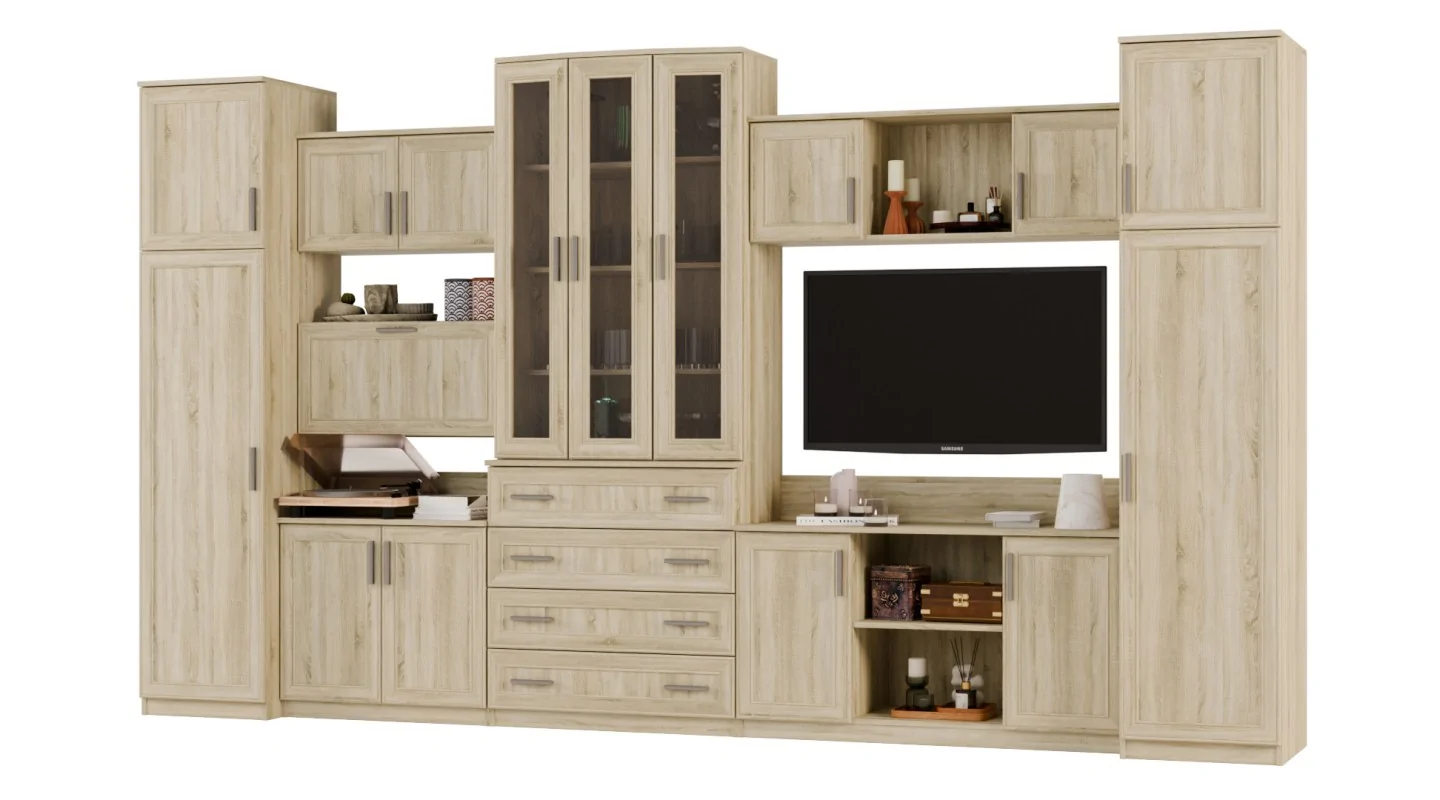 Meblościanka TV 400x225 cm z witryną Sonoma Jasna - Cambridge Meblościanka TV 400x225 cm z witryną Sonoma Jasna - Cambridge