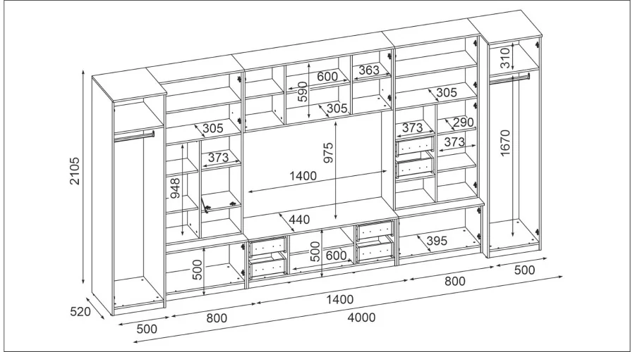 Meblościanka TV 400x210 cm z witrynami Dąb Artisan - Windsor