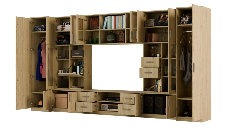 Meblościanka TV 400x210 cm z witrynami Dąb Carpenter Jasny - Windsor