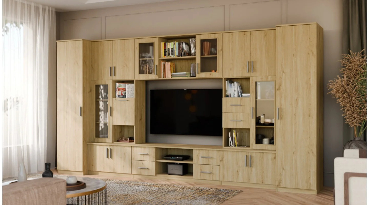 Meblościanka TV 400x210 cm z witrynami Dąb Carpenter Jasny - Windsor