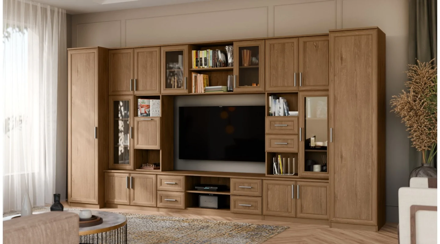 Meblościanka TV 400x210 cm z witrynami Dąb Lefkas Ciemny - Windsor