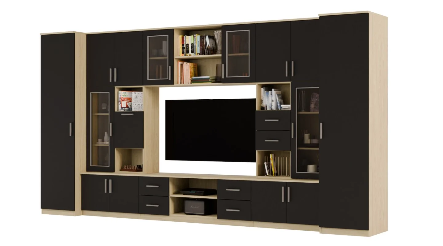 Meblościanka TV 400x210 cm z witrynami Dąb Olejowany / Czarny Onyx - Windsor