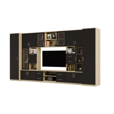 Meblościanka TV 400x210 cm z witrynami Dąb Olejowany / Czarny Onyx - Windsor