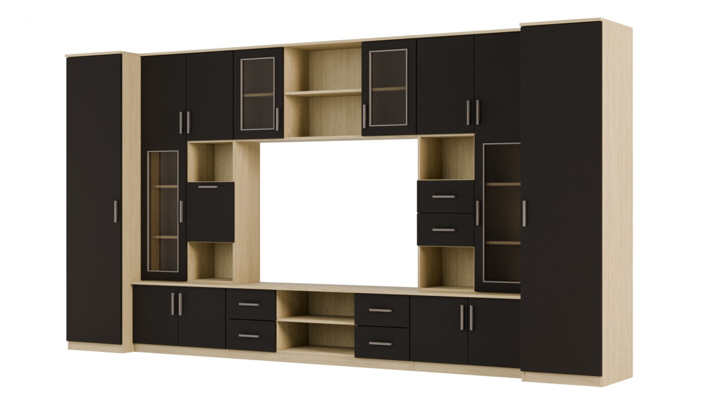 Meblościanka TV 400x210 cm z witrynami Dąb Olejowany / Czarny Onyx - Windsor