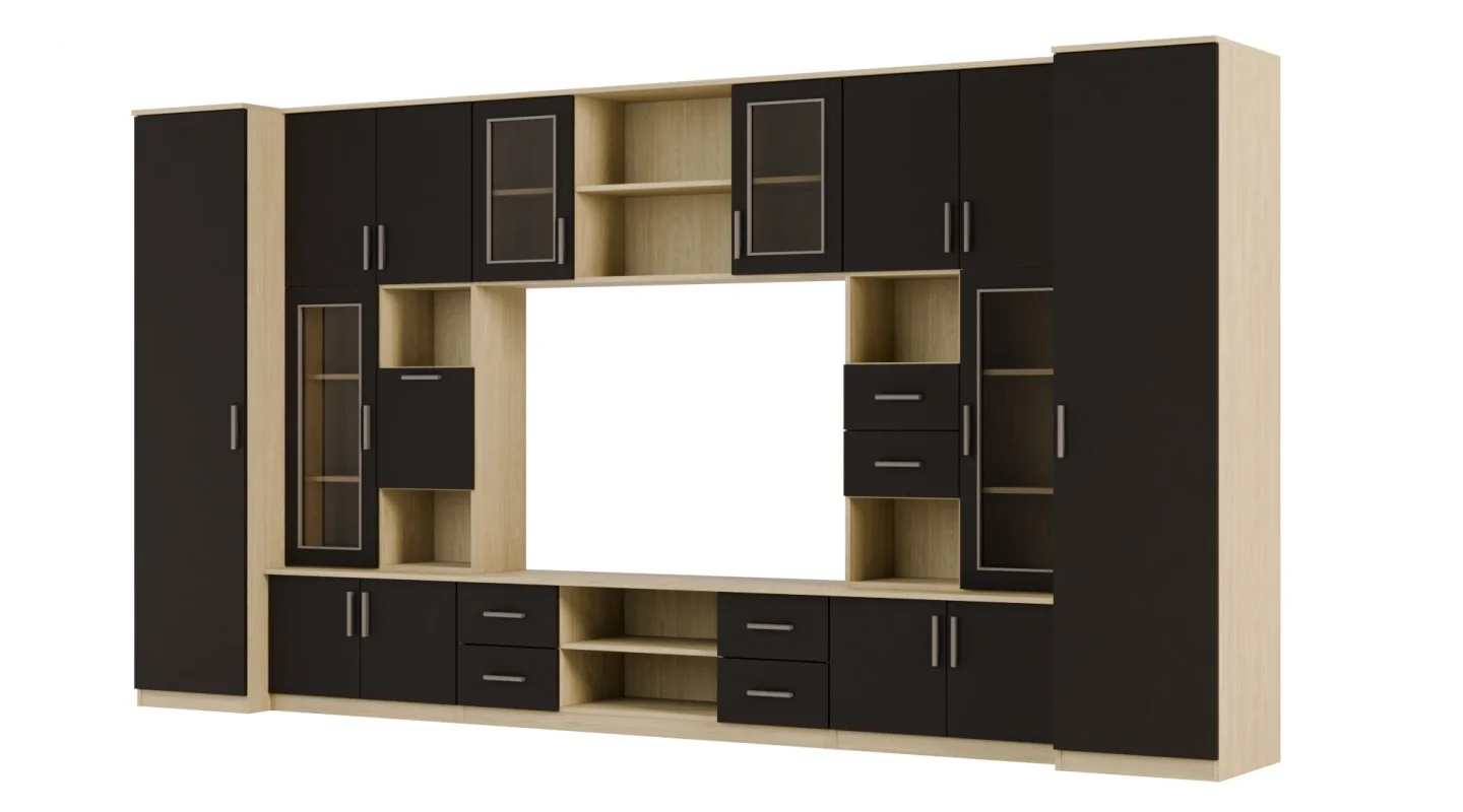 Meblościanka TV 400x210 cm z witrynami Dąb Olejowany / Czarny Onyx - Windsor