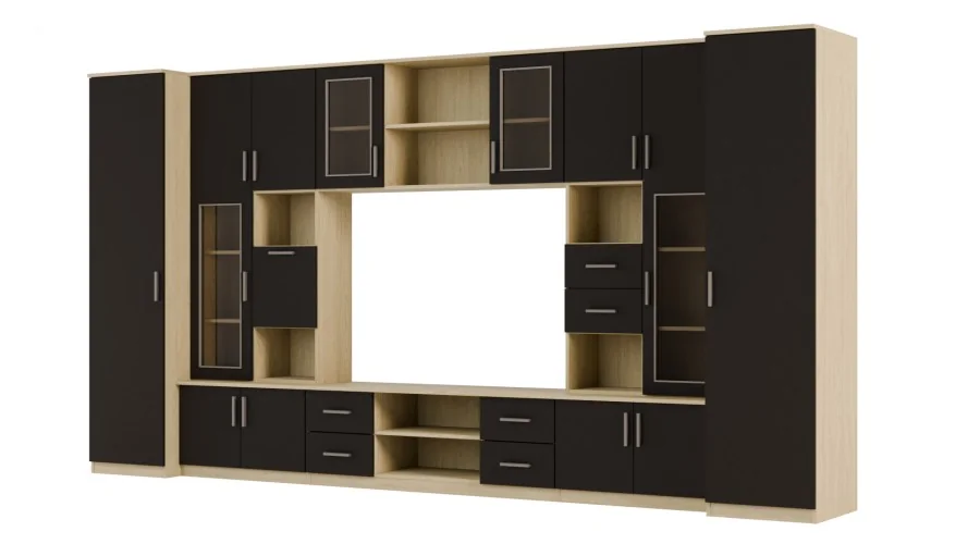 Meblościanka TV 400x210 cm z witrynami Dąb Olejowany / Czarny Onyx - Windsor