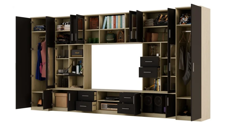 Meblościanka TV 400x210 cm z witrynami Dąb Olejowany / Czarny Onyx - Windsor