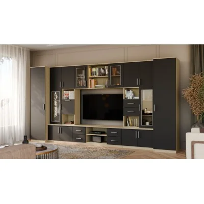 Meblościanka TV 400x210 cm z witrynami Dąb Olejowany / Czarny Onyx - Windsor