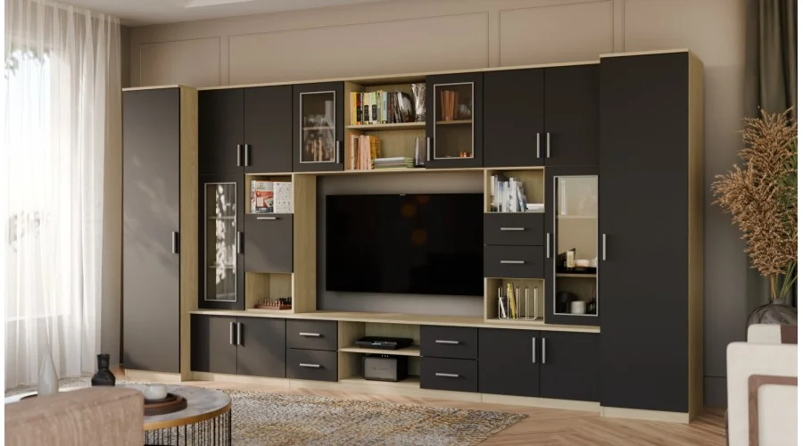 Meblościanka TV 400x210 cm z witrynami Dąb Olejowany / Czarny Onyx - Windsor